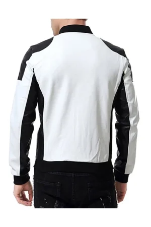 Men’s Black and White Leather Biker Bomber Jacket