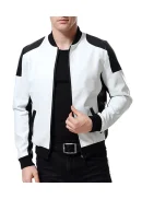Men’s Black and White Leather Biker Bomber Jacket