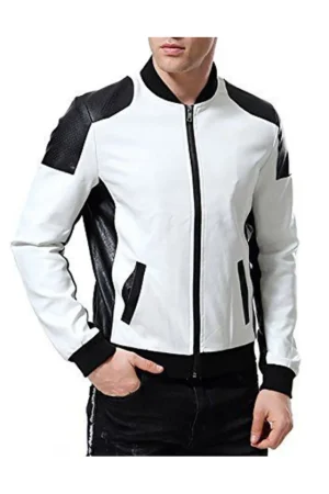 Men’s Black and White Leather Biker Bomber Jacket