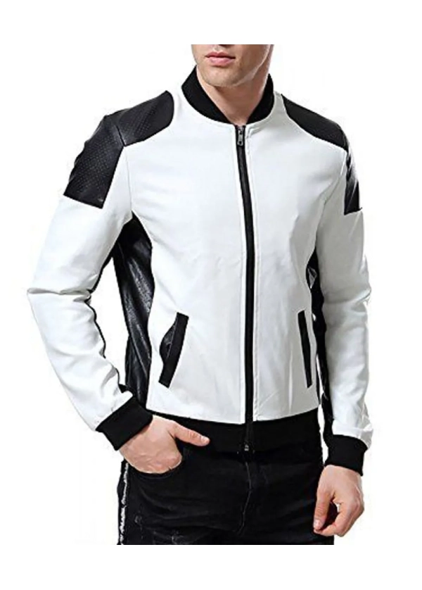 Men’s Black and White Leather Biker Bomber Jacket 3 Men’s Black and White Leather Biker Bomber Jacket