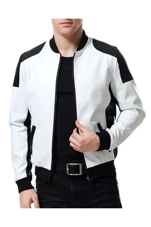 Men’s Black and White Leather Biker Bomber Jacket