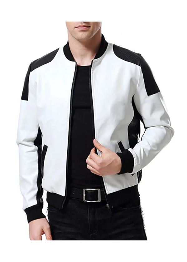 Men’s Black and White Leather Biker Bomber Jacket 1 Men’s Black and White Leather Biker Bomber Jacket
