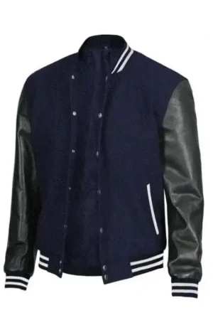 Mens Navy Blue Varsity Jacket With Black Leather Sleeves