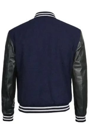 Mens Navy Blue Varsity Jacket With Black Leather Sleeves