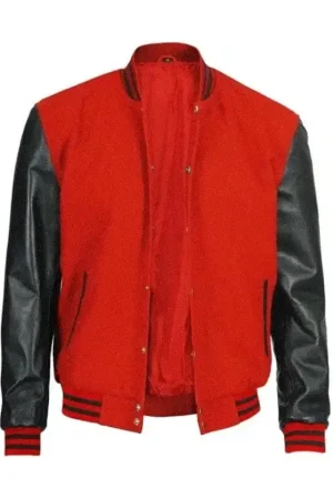 Mens Red And Black Varsity Jacket With Leather Sleeves