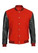 Mens Red And Black Varsity Jacket With Leather Sleeves