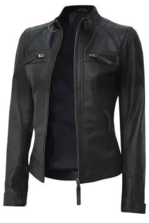 Cafe Racer Black Quilted Leather Jacket For Womens
