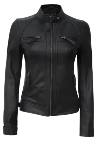 Cafe Racer Black Quilted Leather Jacket For Womens
