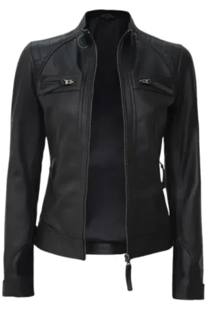 Cafe Racer Black Quilted Leather Jacket For Womens