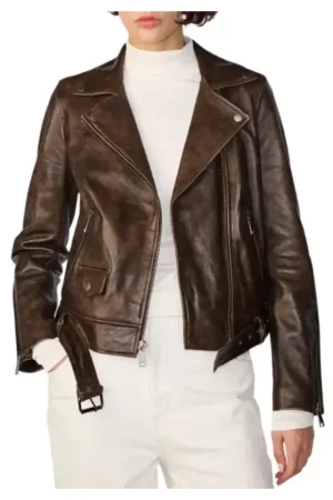 Asymmetrical Biker Vintage Brown Leather Jacket Womens