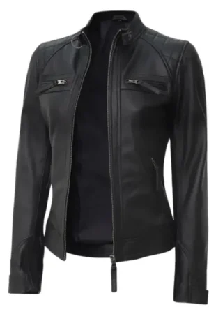 Cafe Racer Black Quilted Leather Jacket For Womens