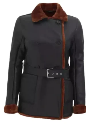 Black Leather Double Breasted Shearling Coat For Womens