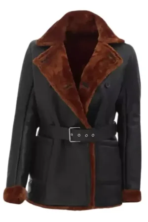 Black Leather Double Breasted Shearling Coat For Womens