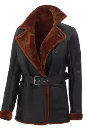 Black Leather Double Breasted Shearling Coat For Womens