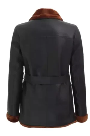 Black Leather Double Breasted Shearling Coat For Womens