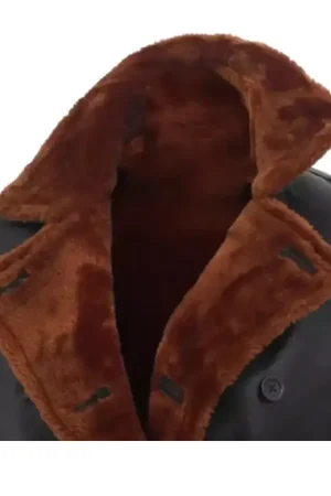 Black Leather Double Breasted Shearling Coat For Womens