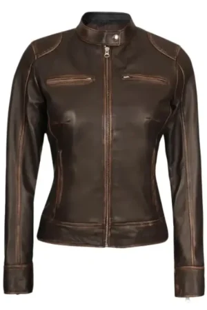 Brown Distressed Leather Motorcycle Jacket For Womens