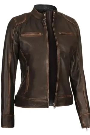 Brown Distressed Leather Motorcycle Jacket For Womens