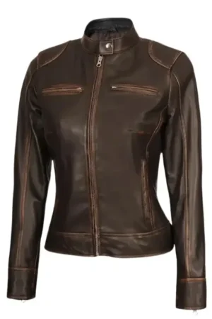 Brown Distressed Leather Motorcycle Jacket For Womens