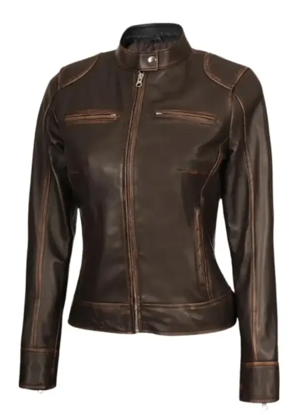 Brown Distressed Leather Motorcycle Jacket For Womens 4 Brown Distressed Leather Motorcycle Jacket For Womens - Image 4