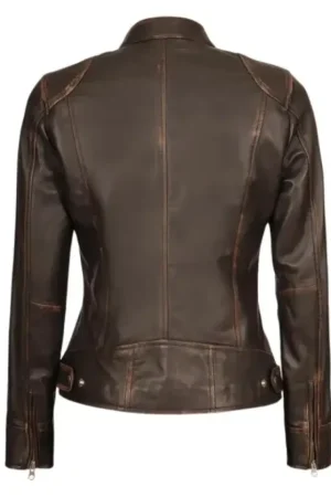Brown Distressed Leather Motorcycle Jacket For Womens