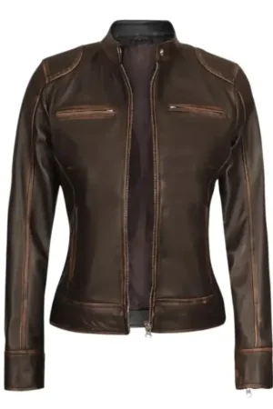 Brown Distressed Leather Motorcycle Jacket For Womens