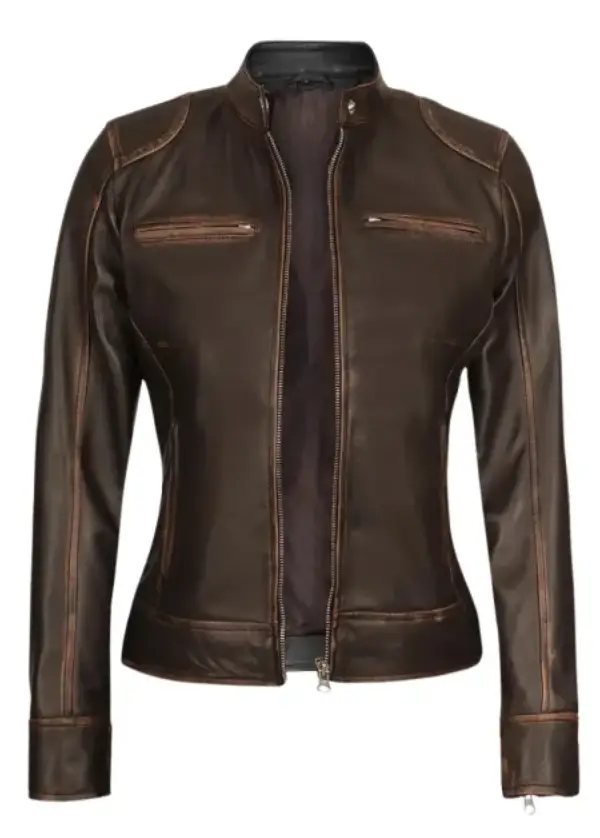 Brown Distressed Leather Motorcycle Jacket For Womens 2 Brown Distressed Leather Motorcycle Jacket For Womens - Image 2