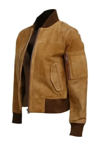Brown Suede Leather Bomber Jacket For Womens