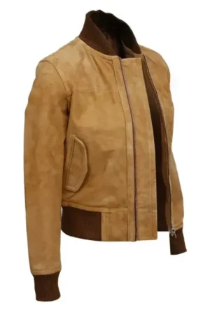 Brown Suede Leather Bomber Jacket For Womens
