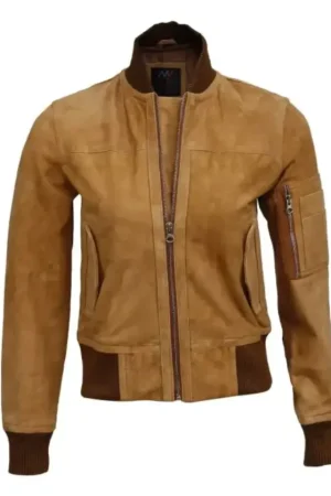 Brown Suede Leather Bomber Jacket For Womens
