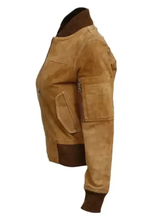 Brown Suede Leather Bomber Jacket For Womens