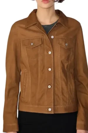 Brown Leather Trucker Jacket For Womens