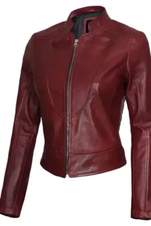 Cafe Racer Leather Maroon Moto Jacket For Womens