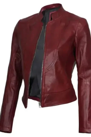 Cafe Racer Leather Maroon Moto Jacket For Womens