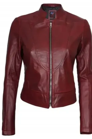 Cafe Racer Leather Maroon Moto Jacket For Womens