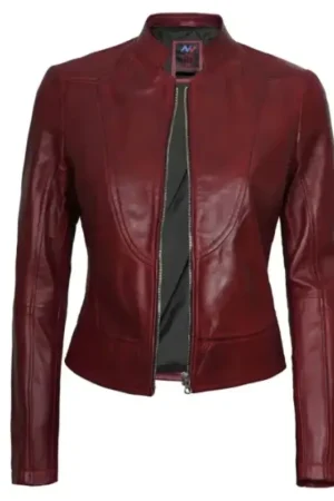 Cafe Racer Leather Maroon Moto Jacket For Womens