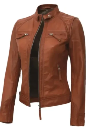 Cafe Racer Tan Leather Moto Jacket For Womens