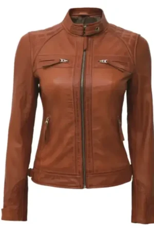 Cafe Racer Tan Leather Moto Jacket For Womens