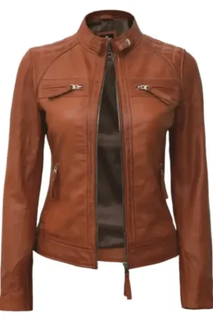 Cafe Racer Tan Leather Moto Jacket For Womens