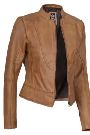 Cafe Racer Camel Brown Leather Jacket For Womens