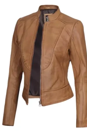 Cafe Racer Camel Brown Leather Jacket For Womens
