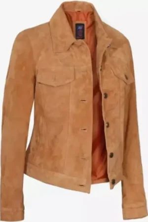 Camel Suede Leather Trucker Jacket For Womens