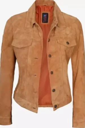 Camel Suede Leather Trucker Jacket For Womens