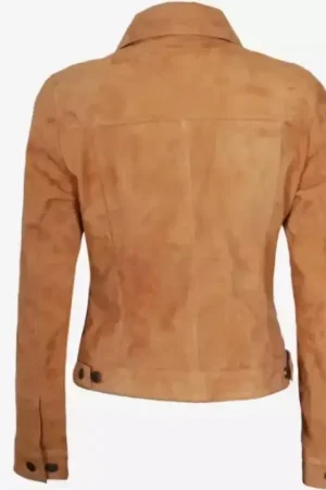 Camel Suede Leather Trucker Jacket For Womens