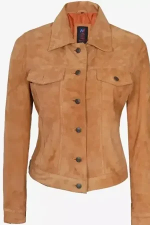 Camel Suede Leather Trucker Jacket For Womens
