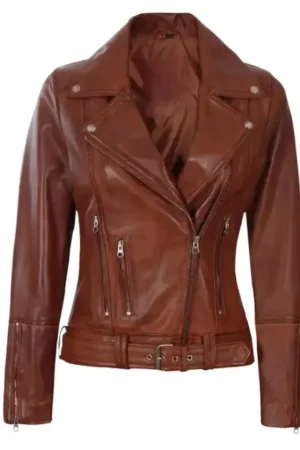 Asymmetrical Motorcycle Cognac Brown Leather Jacket For Womens