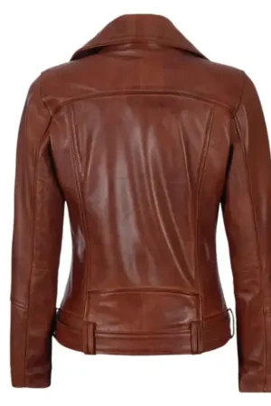 Asymmetrical Motorcycle Cognac Brown Leather Jacket For Womens