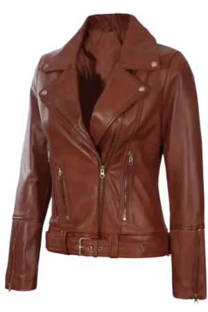 Asymmetrical Motorcycle Cognac Brown Leather Jacket For Womens