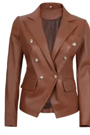 Double Breasted Cognac Brown Leather Blazer Womens