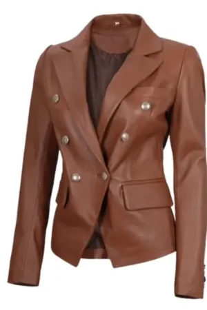 Double Breasted Cognac Brown Leather Blazer Womens